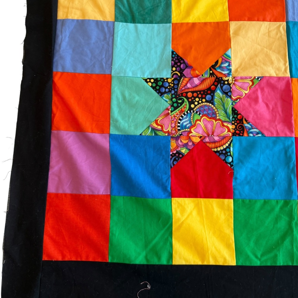 Handmade Rainbow Patchwork Quilt Top Psychedelic Star Applique 41x50 Black Trim - Picture 3 of 8